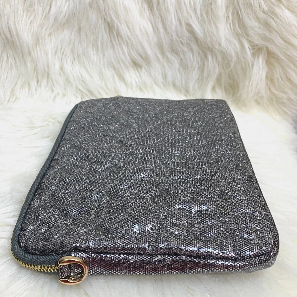 DEUX LUX Metallic Silver Glittery Embossed Zip IPAD Tablet Case with XBody Strap